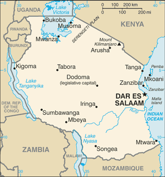 Detalle del mapa de Tanzania y países vecinos; el lago Victoria, azuzado por las invasiones biológicas (destacando la perca del Nilo) se encuentra al norte. Las fronteras de los países africanos suelen ser líneas prácticamente rectas debido a que fueron trazadas con regla por las potencias imperialistas europeas que, entre los siglos XIX y XX, se repartieron África.