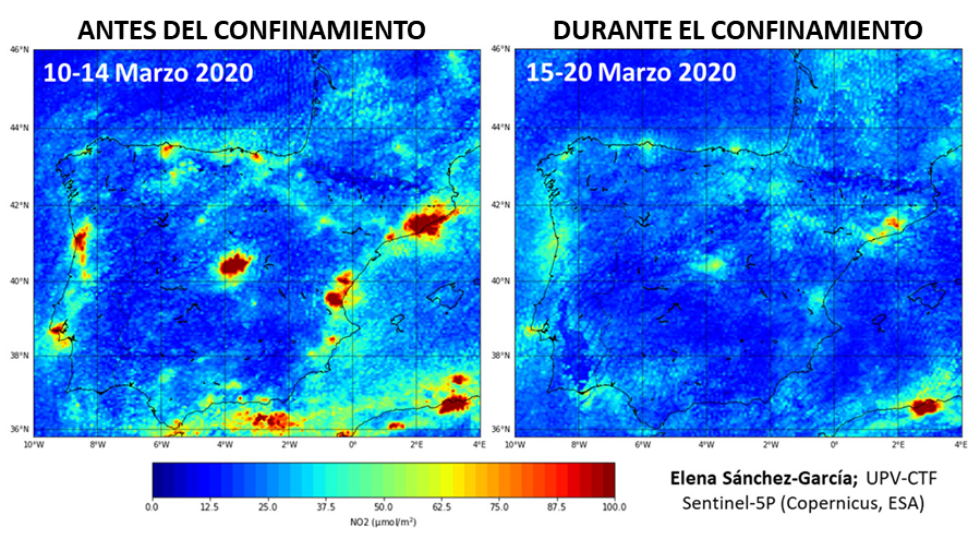 Datos sobre los niveles de las emisiones de NO2 en España, analizado por Elena Sánchez-García, investigadora del grupo LARS (Land and Atmosphere Remote Sensing) del departamento CTF-UPV (Centro de Tecnologías Físicas-U. Politecnológica de Valencia), utilizando las imágenes del satélite Copérnicus (misión Sentinel-5P) de la Agencia Espacial Europea (ESA).