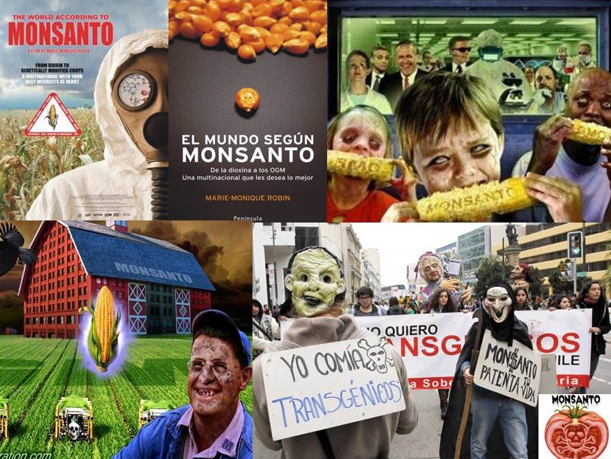 Panfletos sensacionalistas, documentales, libros y protestas públicas en contra del uso de transgénicos patentados por la empresa multinacional MONSANTO (ahora Bayer).