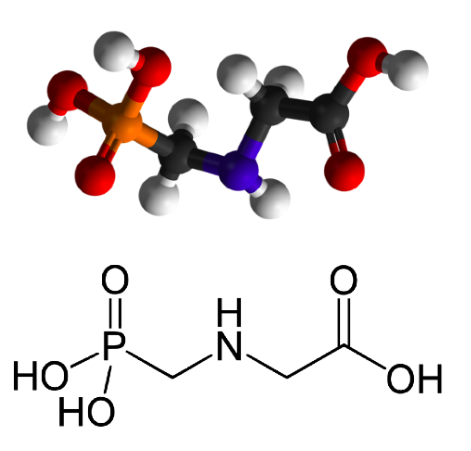 Estructura química del glifosato, un herbicida de amplio espectro.