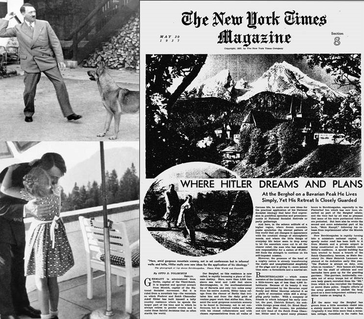 WHERE HITLER DREAMS AND PLANS. Otto D. Tolischus. The New York Times Magazines. May 30, 1937, Section M, Page 85. La imagen de Hitler con la pequeña Rosa Bernile Nienau fue tomada por el fotógrafo de la propaganda Nazi Heinrich Hoffmann, y se distribuyó a periódicos de todo el mundo en 1933.