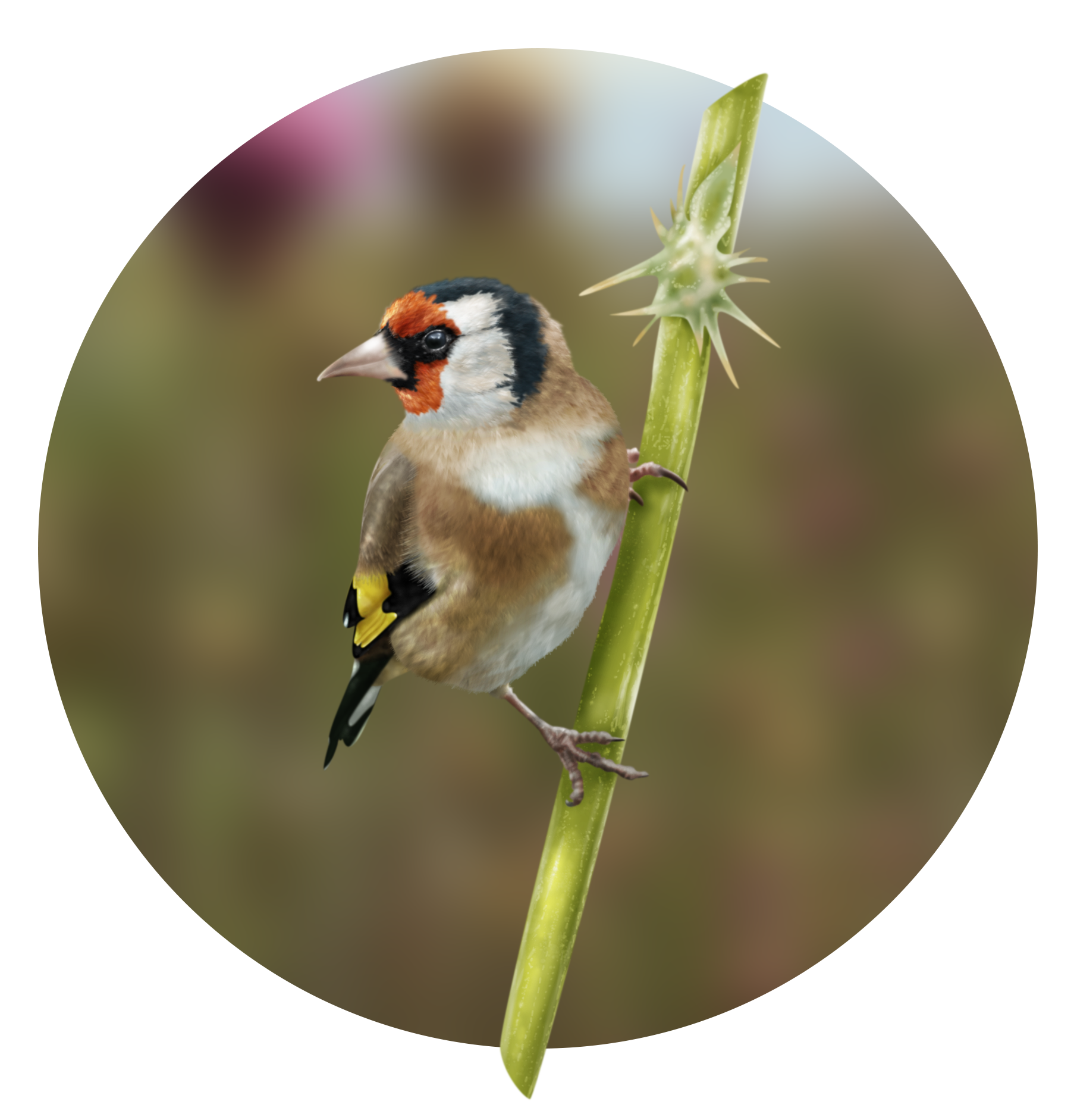 Ejemplar adulto de jilguero europeo (Carduelis carduelis) sobre tallo de cardo mariano (Silybum marianum). Ilustración de elaboración propia (Francisco Jesús Moreno Racero) a través de Photoshop CS6.