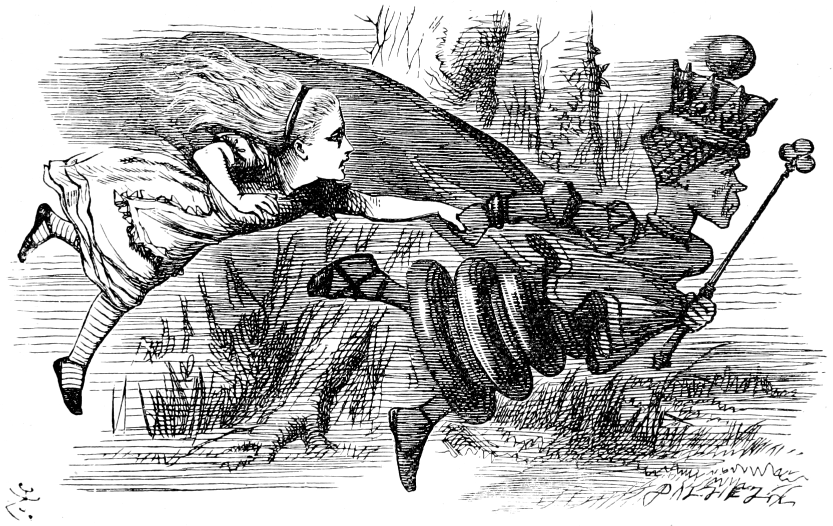 Según la hipótesis de la Reina Roja, dos especies están en continua adaptación para mantener el estado actual en un ambiente. En pocas palabras: Correr todo lo que puedas para mantenerte en el mismo sitio. Dibujo de John Tenniel, 1871 (Dominio Público).