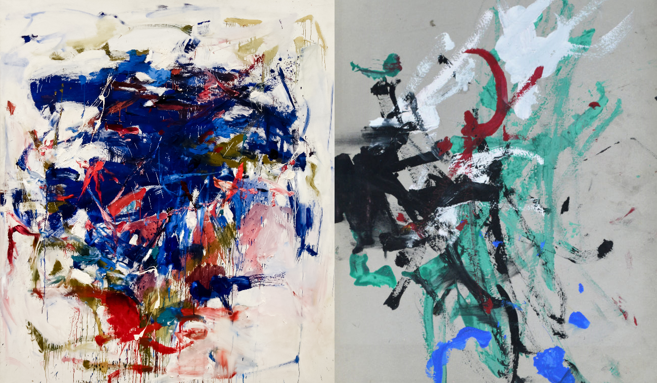 A la izquierda, cuadro titulado Rock bottom de Joan Mitchell pintado en 1960 (autora: Joan Mitchell; licencia Creative Commons Zero). A la derecha, cuadro pintado por el chimpancé Congo en su octava sesión el 17 de junio de 1957 (Dominio Público; las obras de los animales no humanos no tienen copyright).