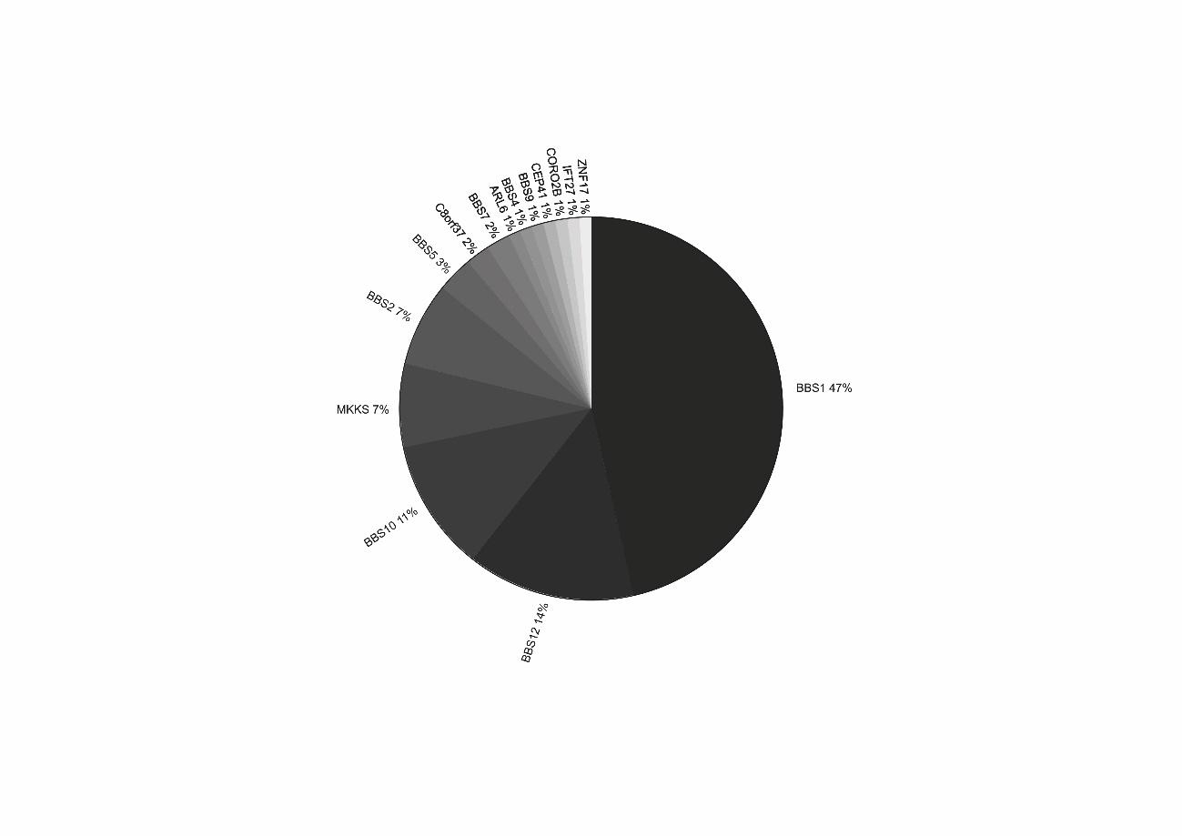 Gráfico que muestra la distribución de los genes causales descritos en la cohorte española. La población española presenta un mayor número de variantes en BBS12 que el resto de las cohortes descritas.