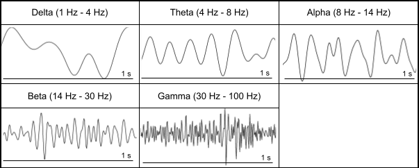 Bandas de frecuencia en el registro electroencefalográfico. En esta imagen se pueden ver los distintos ritmos que aparecen en el registro electroencefalográfico, según la frecuencia de disparo de los impulsos nerviosos entre grupos de neuronas (Figura de elaboración propia).