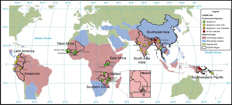 Áreas de mayor actividad de la malaria en 2015 representadas por The International Centers of Excellence for Malaria Research (ICEMR). Los puntos verdes indican la predominancia de la especie Plasmodium falciparum.
