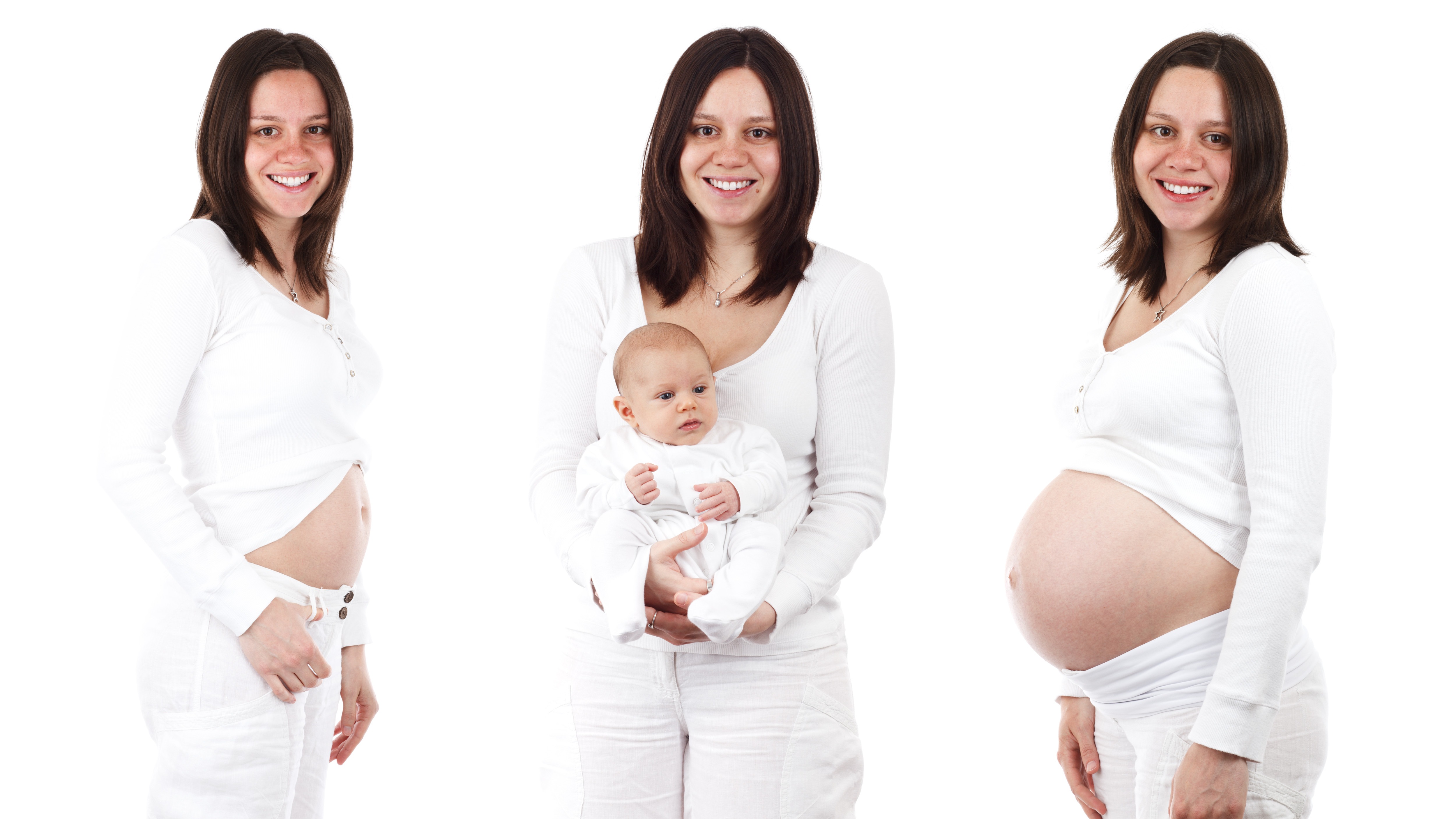 En la imagen podemos ver 3 fases del embarazo. A la izquierda tenemos a una mujer embarazada de unas 15-20 semanas. En la derecha la misma mujer en la semana 34. Finalmente en la parte central tenemos a la mujer sosteniendo a su bebé.