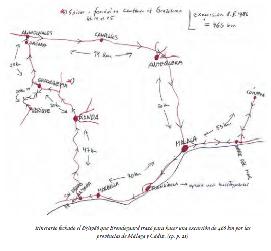 Itinerario fechado el 8/5/1986 que Brøndegaard trazó para hacer una excursión de 466 km por las provincias de Málaga y Cádiz