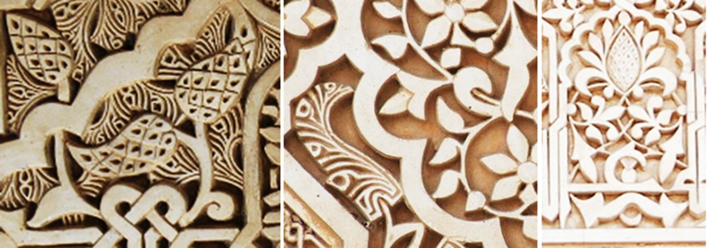  Detalles de la decoración de la Alhambra (Granada). Entre los mo.vos que encontramos entre las yeserías del arte musulmán se encuentra el ataurique, un .po de decoración basado en la vegetación (piñas, flores, hojas)