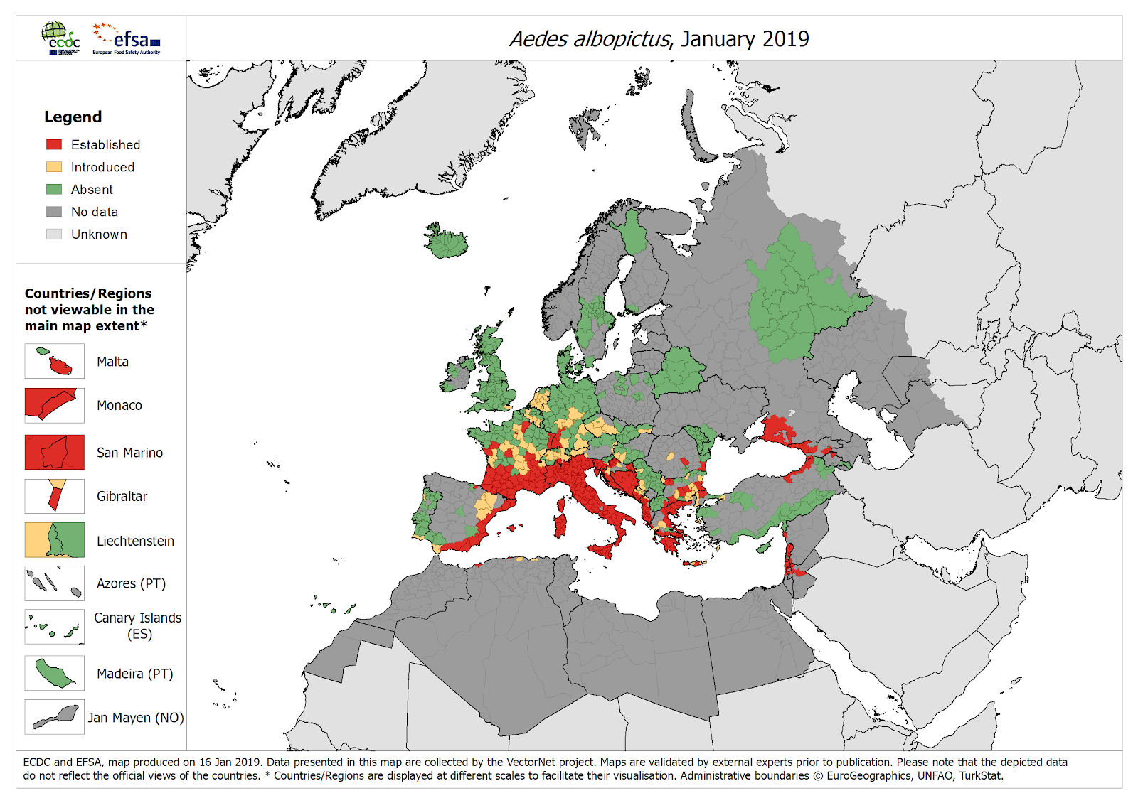 Mapa de distribución del mosquito tigre Aedes albopictus en Europa. Mapa realizado por la ECDC y la EFSA el 16 de Enero de 2019. Datos presentados por VectorNet project.