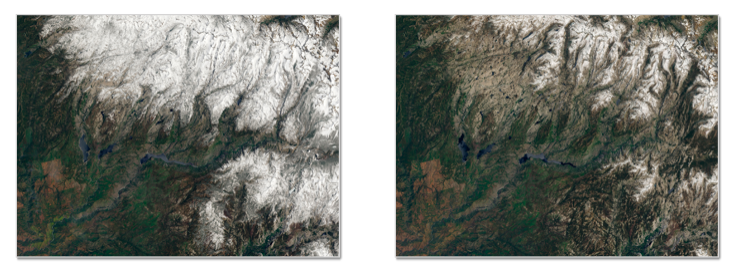 Ambas imágenes son parte de la cordillera cerca del Parque Nacional Yosemite en California tomadas en junio 2.016 (izq.) y junio 2.017 (dcha.). Se puede apreciar como, en la misma fecha, la nieve cubre mucho más espacio en 2.016 que en 2.017. Un tercio del suministro de agua de California proviene de esta cordillera nevada. Imágenes tomadas por Operational Land Imager en Landsat 8. Fuentes: NASA Earth Observatory y el Departamento de Recursos Hídricos de California.