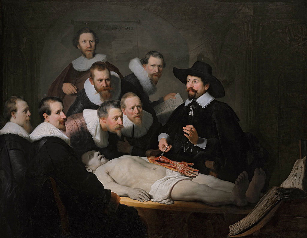 Lección de anatomía del Dr. Nicolaes Tulp, Rembrandt, 1932. Representación de una clase pública sobre anatomía