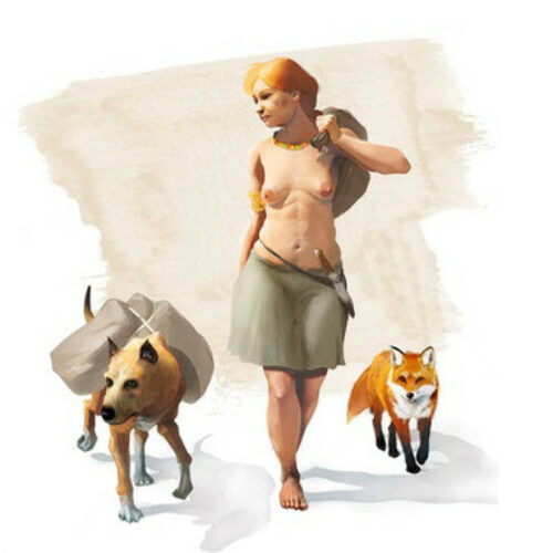 Representanción artística de una mujer de la Edad de Bronce acompañada por un perro y un zorro / J. A. Peñas
